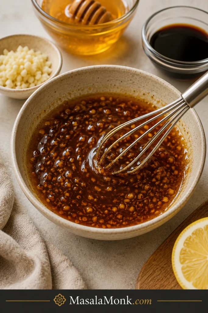 Honey garlic sauce being mixed in a bowl with honey, soy sauce, garlic, and lemon nearby.