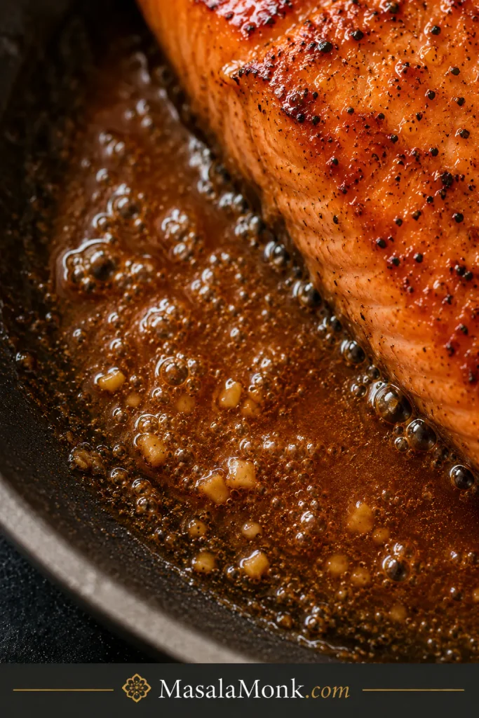 Close-up of amber honey garlic sauce gently bubbling beside a salmon fillet in a dark skillet.