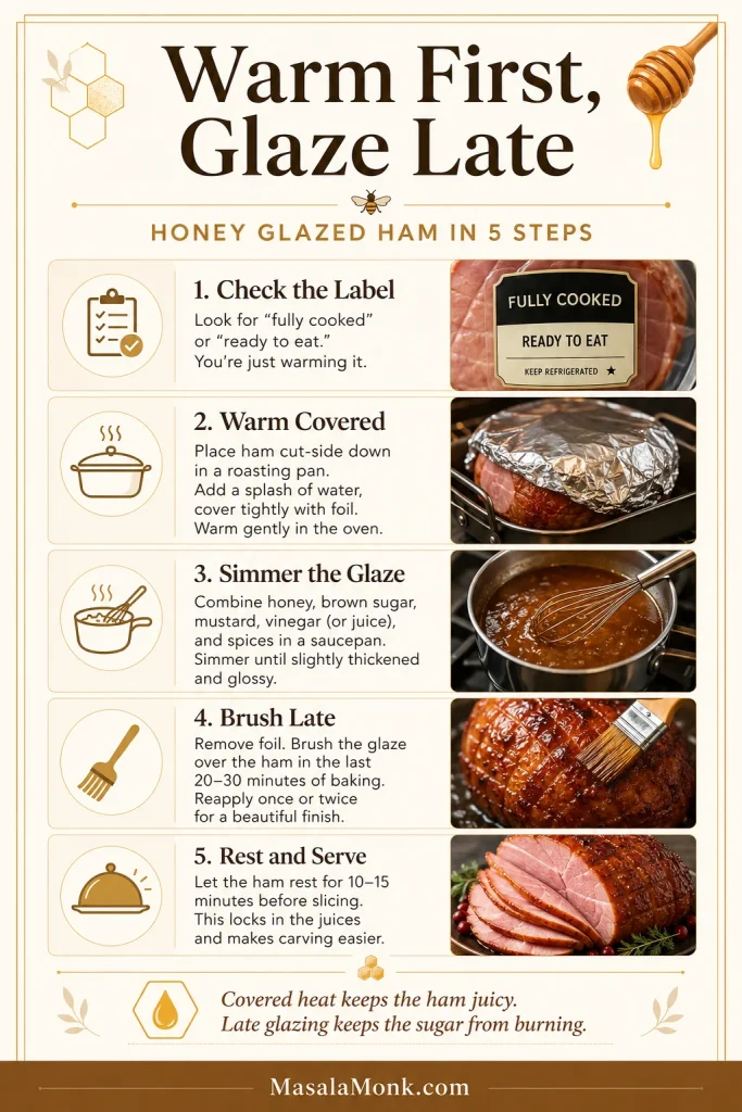 Five-step guide showing label check, covered warming, glaze simmering, late brushing, and resting for honey glazed ham.