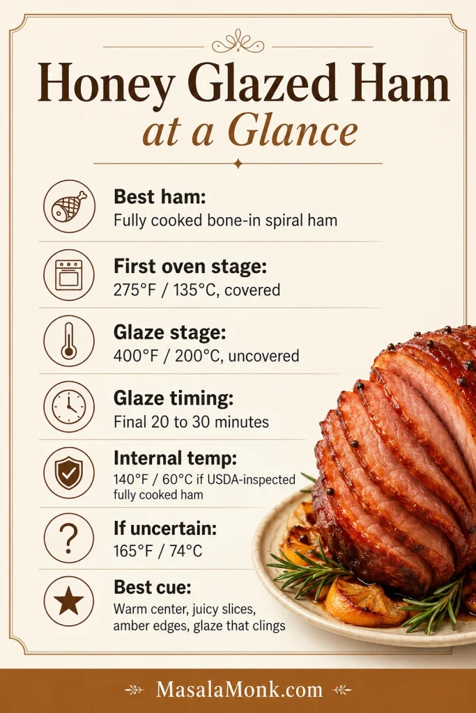 At-a-glance honey glazed ham guide with oven temperature, glaze timing, internal temperature, and visual doneness cues.