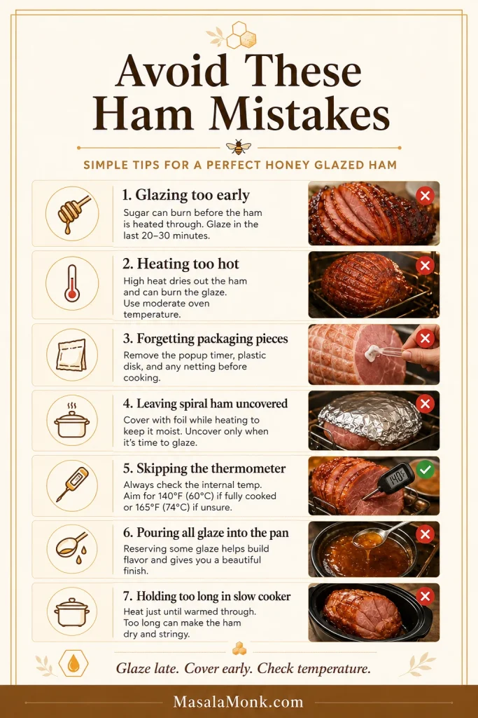 Infographic listing honey glazed ham mistakes including glazing too early, overheating, skipping the thermometer, and leaving spiral ham uncovered.
