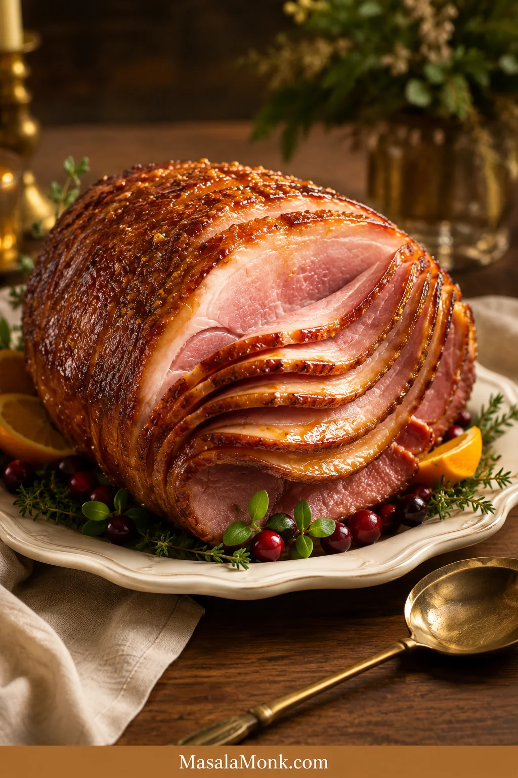 Honey glazed spiral ham with a glossy brown sugar honey mustard glaze on a cream serving platter.
