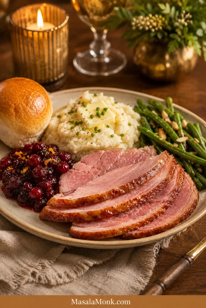 Plate of honey glazed ham slices with mashed potatoes, green beans, cranberry sauce, and a dinner roll.