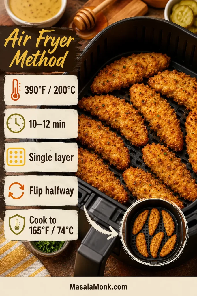 Air fryer method guide with breaded chicken tenders in a basket and text for temperature, time, flipping, single-layer spacing, and doneness.