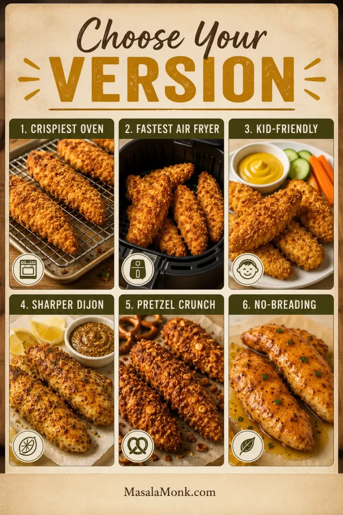 Six-panel board comparing honey mustard chicken tender versions: oven, air fryer, kid-friendly, Dijon, pretzel crunch, and no-breading.