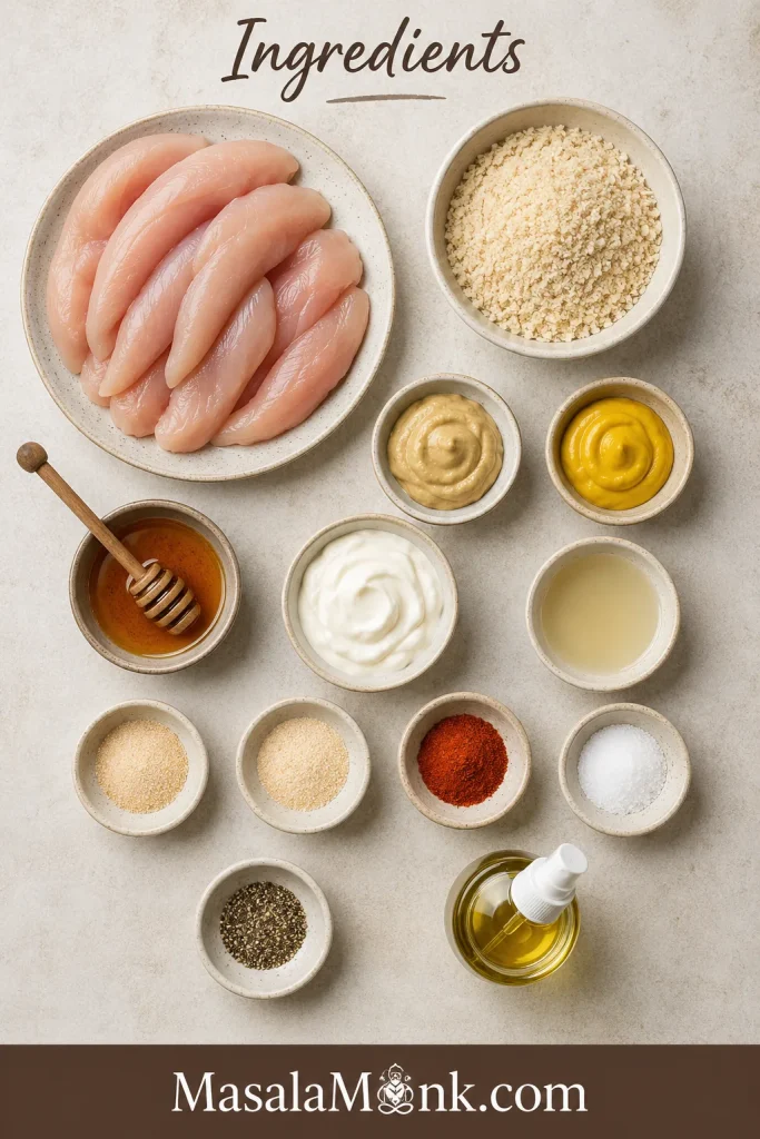 Overhead layout of ingredients for honey mustard chicken tenders, including raw chicken, panko, mustard, honey, yogurt or mayo, spices, and oil.