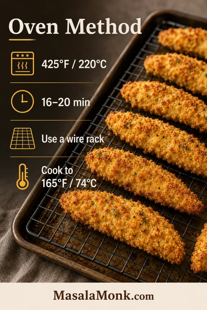 Oven method guide for panko honey mustard chicken tenders showing baking temperature, time, wire rack use, and safe doneness.