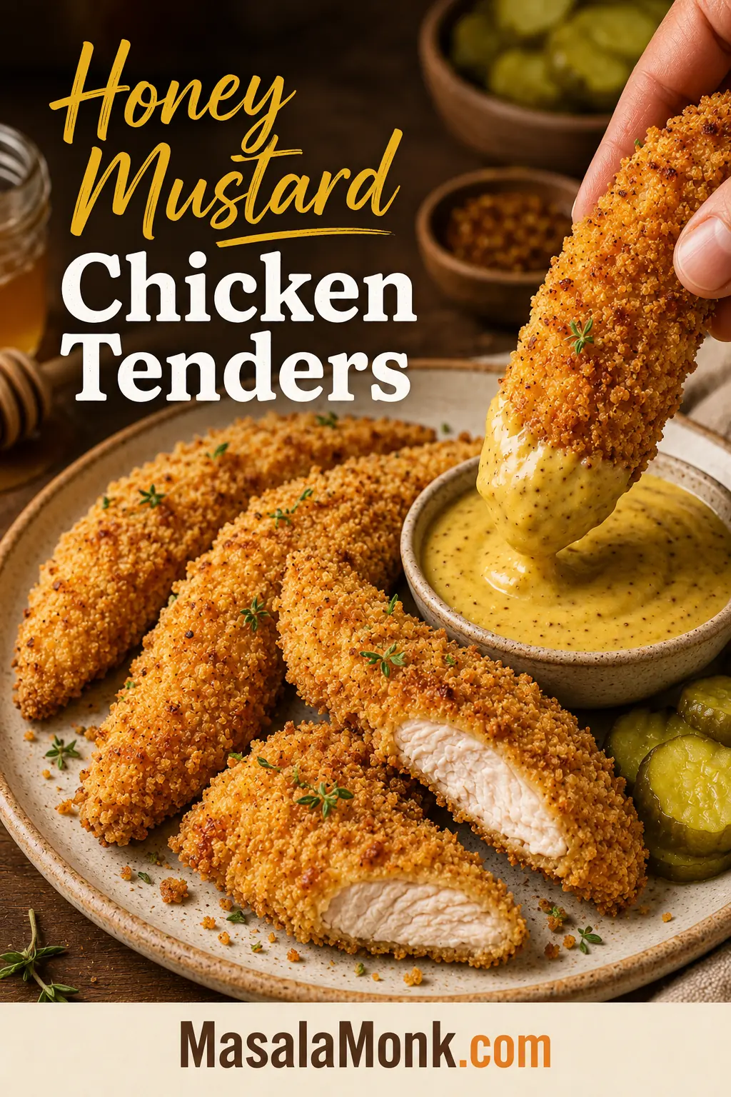 Golden panko-coated honey mustard chicken tenders on a plate with dip, pickles, crumbs, and a cut-open cooked tender.
