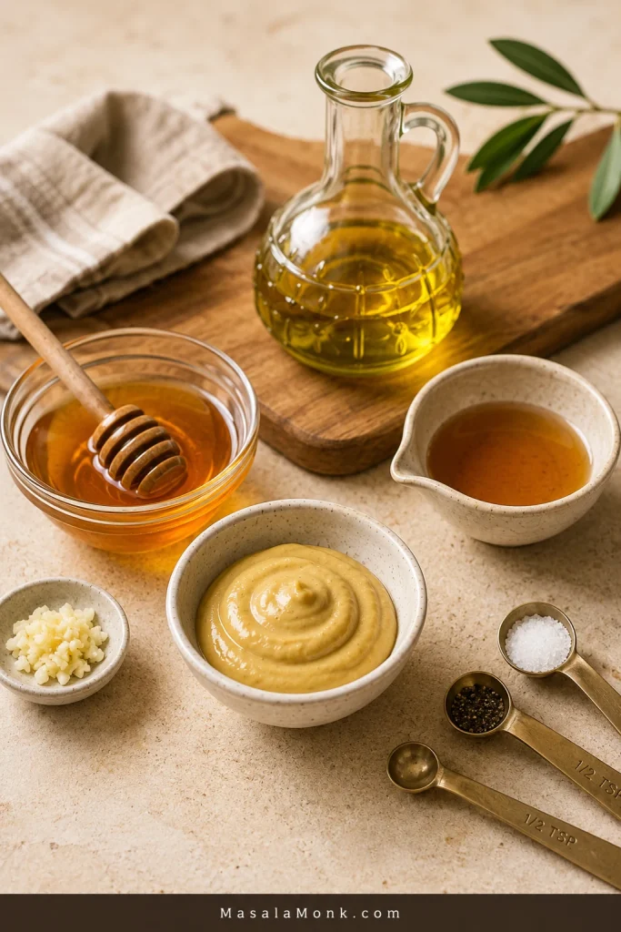 Honey mustard dressing ingredients arranged on a counter, including Dijon mustard in a bowl, honey, olive oil, vinegar, garlic, salt, pepper, and measuring spoons.