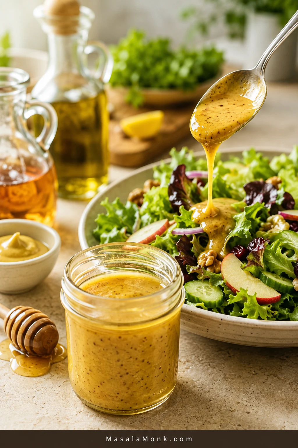 Golden honey mustard dressing in a glass jar with a spoon drizzling it over a salad made with greens, cucumber, tomatoes, onions, apples, and nuts.