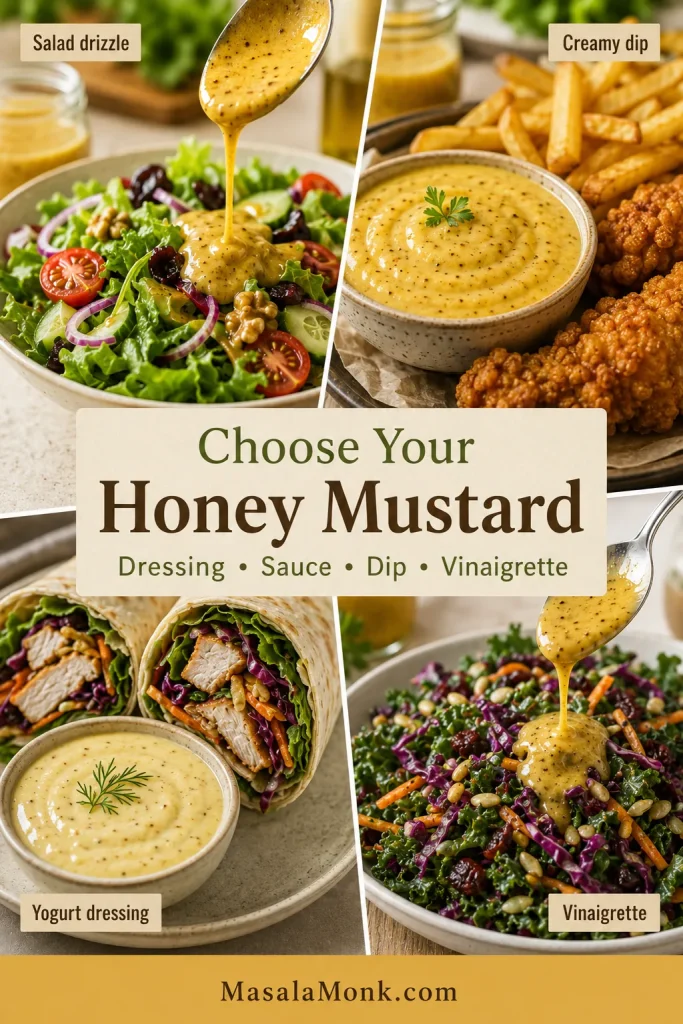 A honey mustard guide showing salad drizzle, creamy dip with fries and chicken, yogurt dressing with wraps, and vinaigrette over a hearty salad.