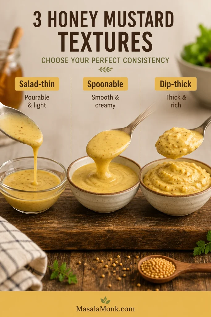 Three honey mustard textures shown side by side: a thin salad dressing, a spoonable sauce, and a thick dip.