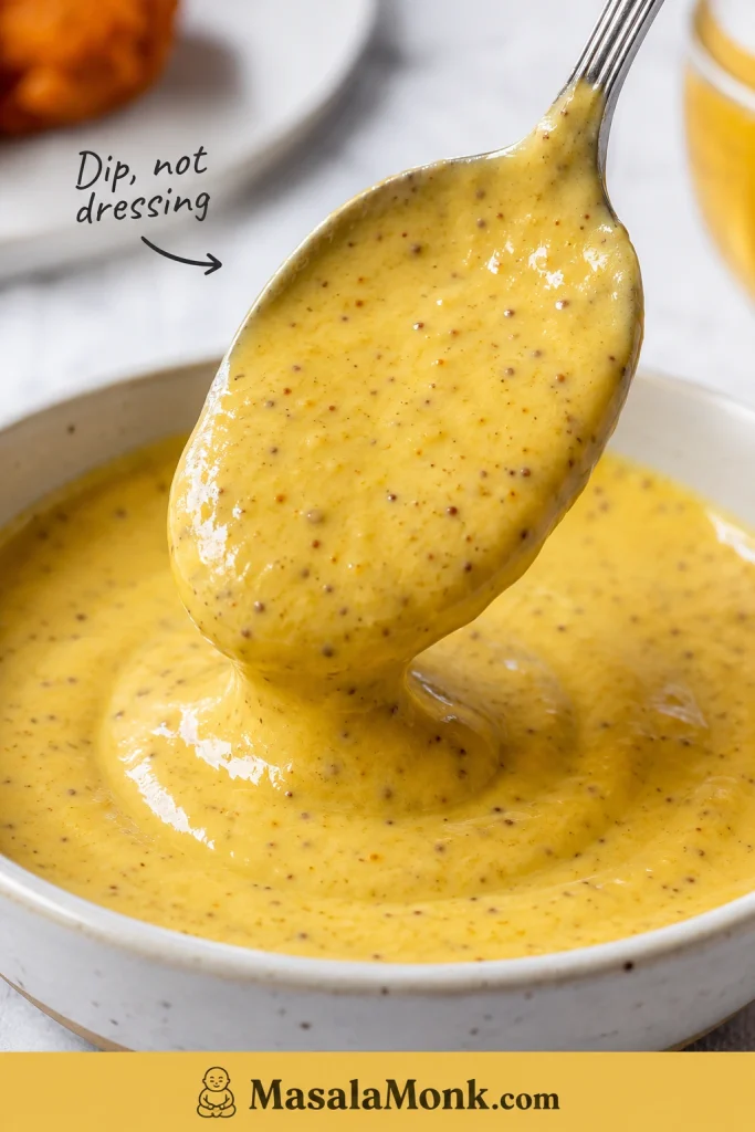 Thick creamy honey mustard sauce clinging to the back of a spoon above a bowl with visible mustard specks.