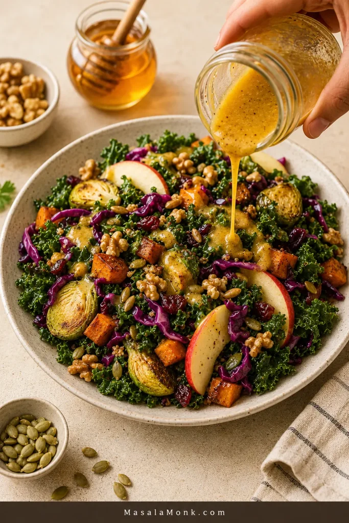 Honey mustard vinaigrette being poured from a jar over a kale and cabbage salad with apples, walnuts, seeds, roasted vegetables, and dried cranberries.