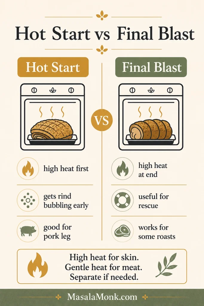 Side-by-side guide comparing hot start and final blast methods for pork crackling, with heat cues for skin and meat.