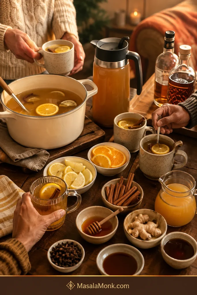 Hot toddy bar setup with mugs, honey-lemon-spice base, tea, cider, lemon wedges, orange slices, cinnamon, ginger, cloves, honey, and spirits on the side.