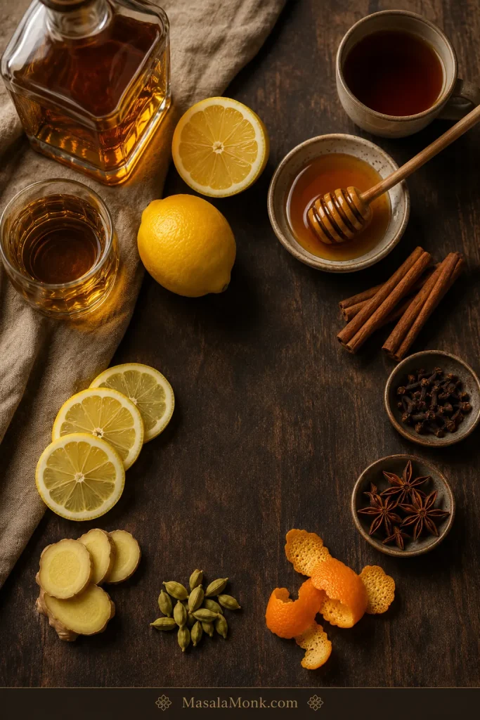 Hot toddy ingredients arranged on a table, including whiskey, honey, lemons, tea, cinnamon, cloves, ginger, cardamom, star anise, and orange peel.