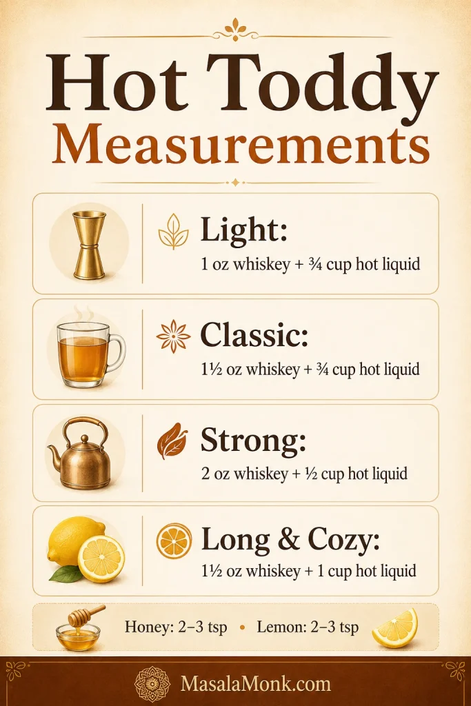 Infographic titled Hot Toddy Measurements showing light, classic, strong, and long cozy ratios for whiskey and hot liquid, plus honey and lemon guidance.