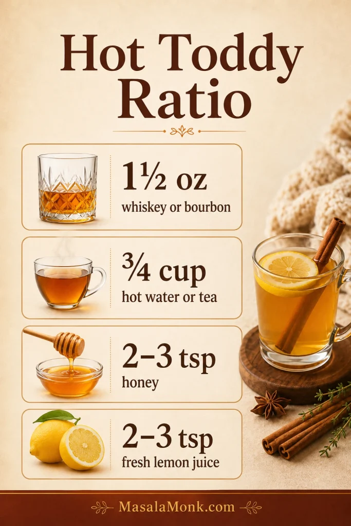 Infographic showing a hot toddy ratio of 1½ ounces whiskey or bourbon, ¾ cup hot water or tea, 2 to 3 teaspoons honey, and 2 to 3 teaspoons fresh lemon juice.