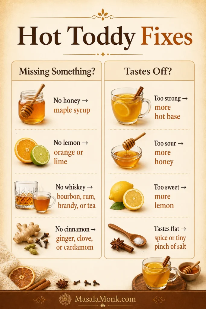 Infographic titled Hot Toddy Fixes showing substitutions for missing honey, lemon, whiskey, and cinnamon, plus fixes for a hot toddy that is too strong, sour, sweet, or flat.