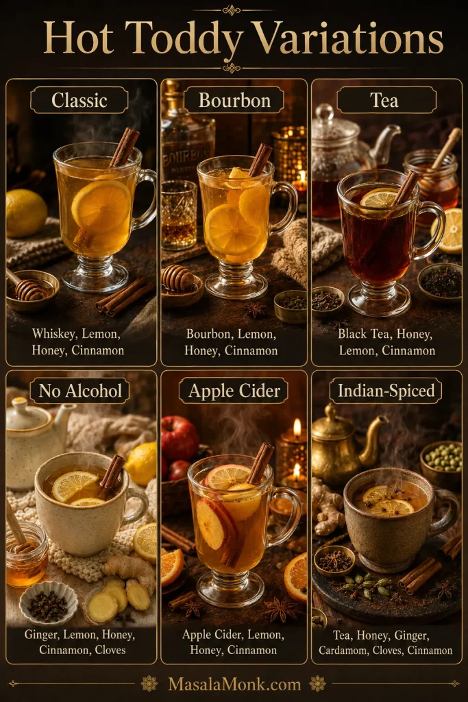 Six-panel Hot Toddy Variations graphic showing Classic, Bourbon, Tea, No Alcohol, Apple Cider, and Indian-Spiced hot toddies with different mugs, garnishes, and ingredients.