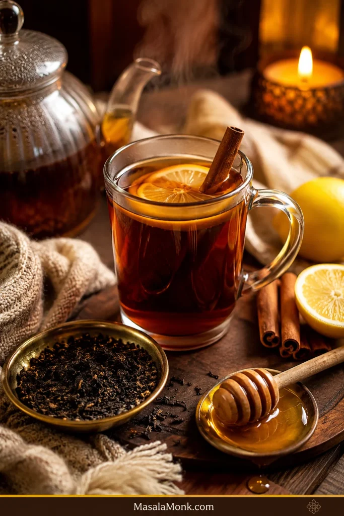 Tea hot toddy with dark black tea, honey, lemon, cinnamon, loose tea leaves, and a teapot in a warm candlelit setting.