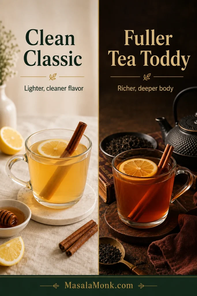 Split-screen comparison of a lighter hot toddy labeled Clean Classic and a darker tea hot toddy labeled Fuller Tea Toddy.