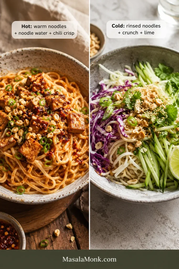 Hot peanut noodles with chili crisp beside cold peanut noodles with cucumber, cabbage, herbs, peanuts, sesame seeds, and lime