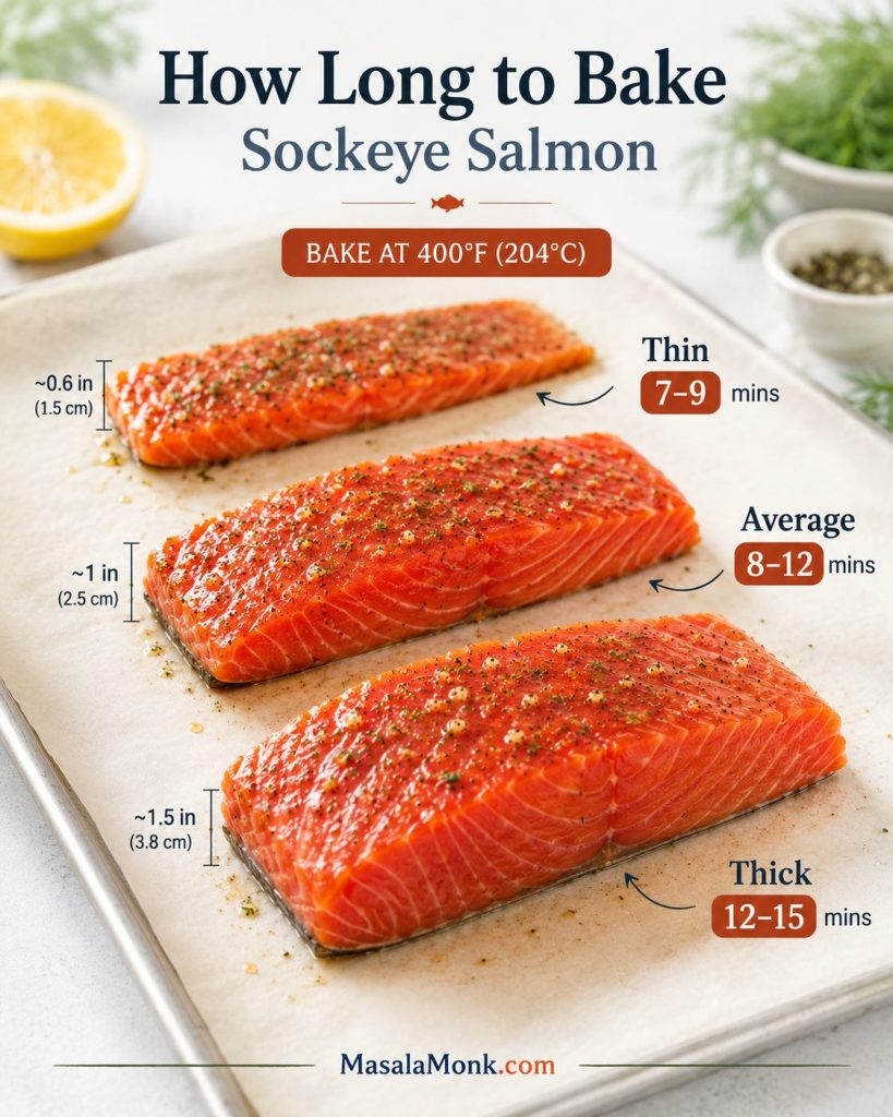 Baking time guide for thin, average, and thick sockeye salmon fillets at 400°F or 200°C.
