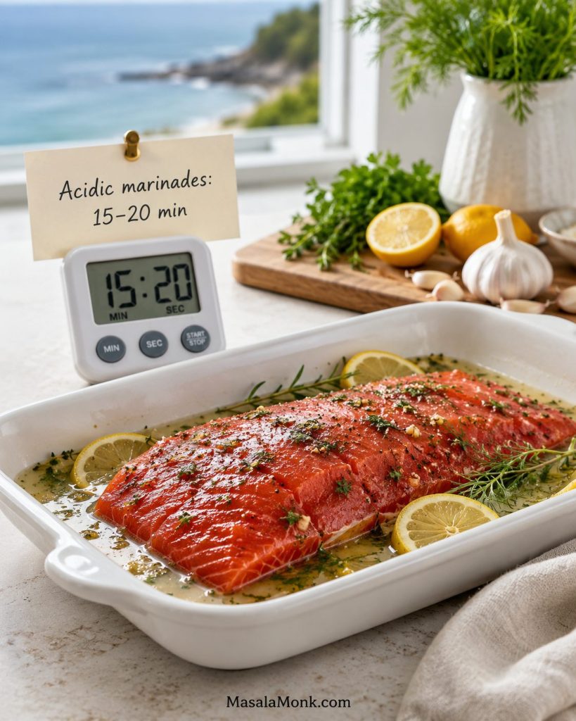 Raw sockeye salmon in a shallow lemon-herb marinade with a timer showing 15 to 20 minutes.