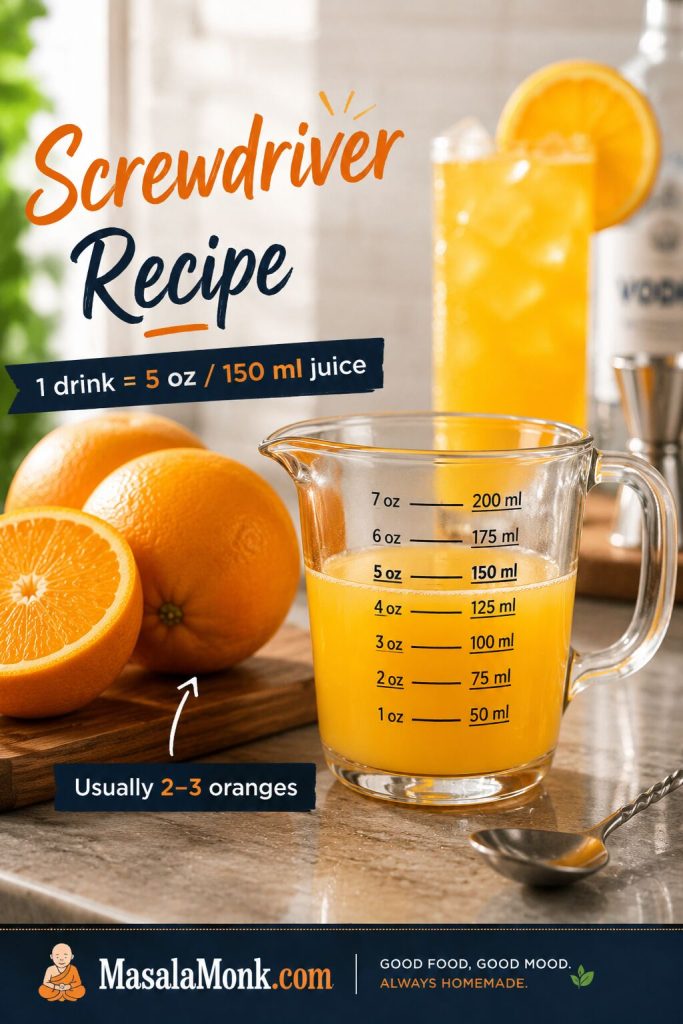 Two to three oranges beside a measuring cup filled with 5 ounces or 150 milliliters of orange juice for one Screwdriver.
