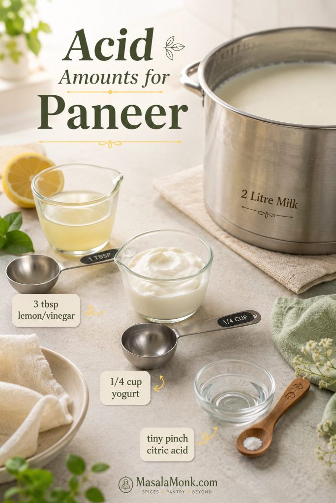 Measured lemon juice, vinegar, yogurt, and dissolved citric acid arranged beside a milk pot for paneer.