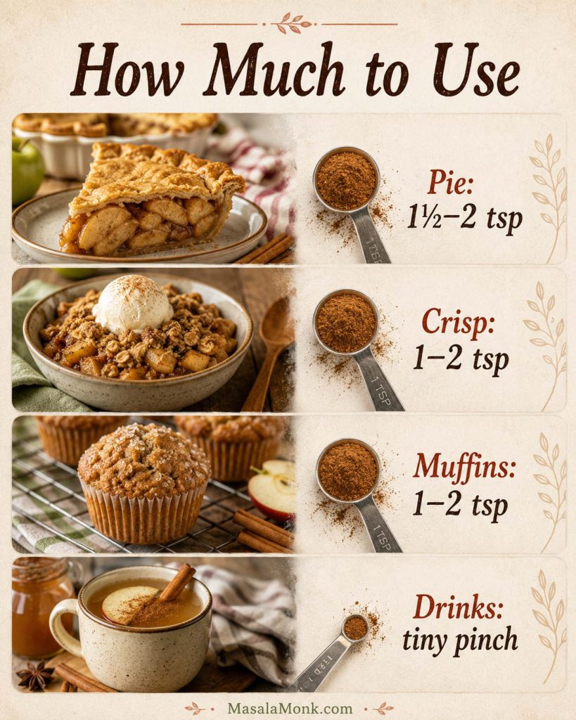 Guide showing how much apple pie spice to use in pie, apple crisp, muffins, and drinks, with small food examples for each use.