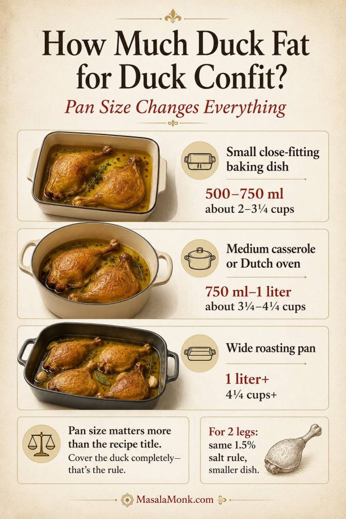 Duck fat guide comparing a small baking dish, medium casserole or Dutch oven, and wide roasting pan with different fat amounts.