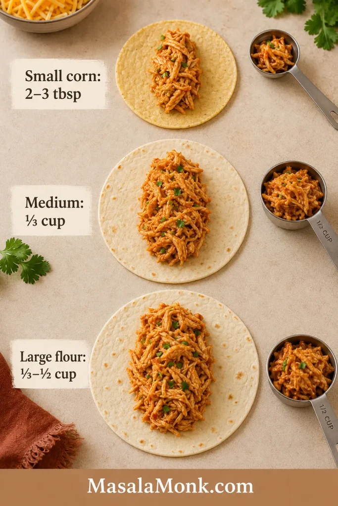 Filling amount guide showing small corn, medium, and large flour tortillas with different portions of shredded chicken enchilada filling.