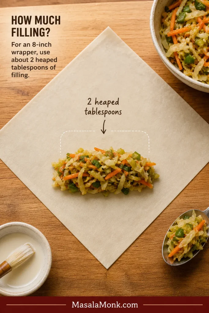A square spring roll wrapper placed like a diamond with two heaped tablespoons of vegetable filling near the bottom.