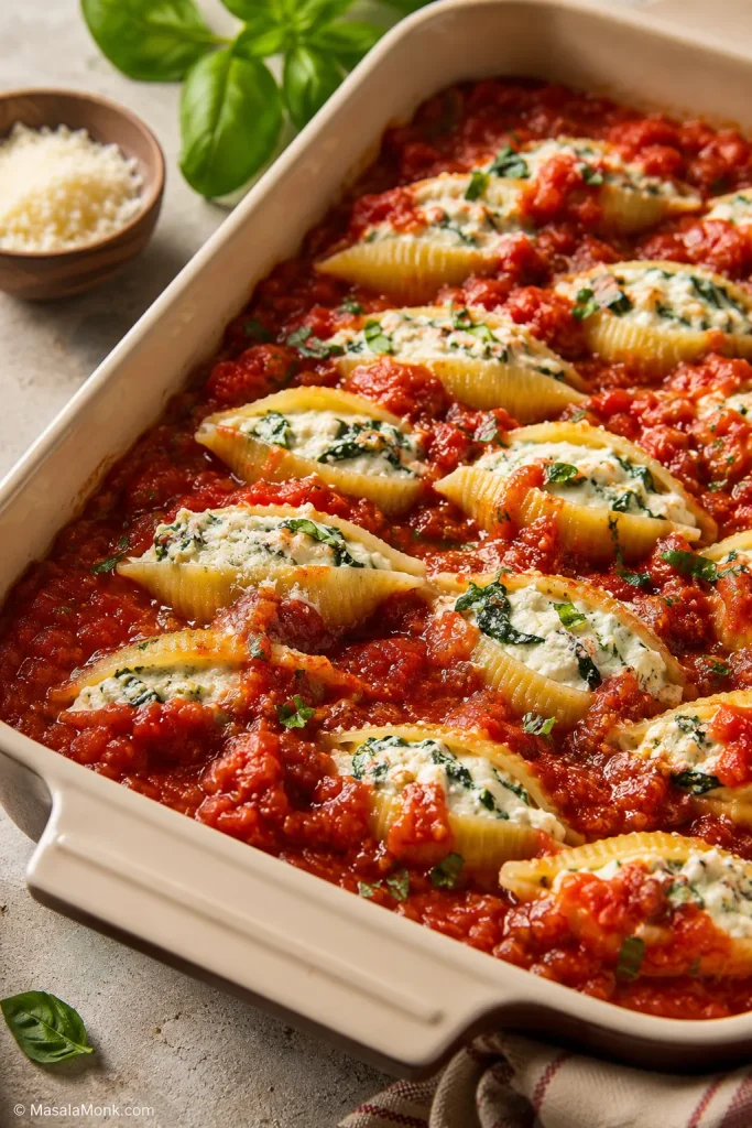 Filled stuffed shells in a baking dish with marinara sauce spooned around and between them.