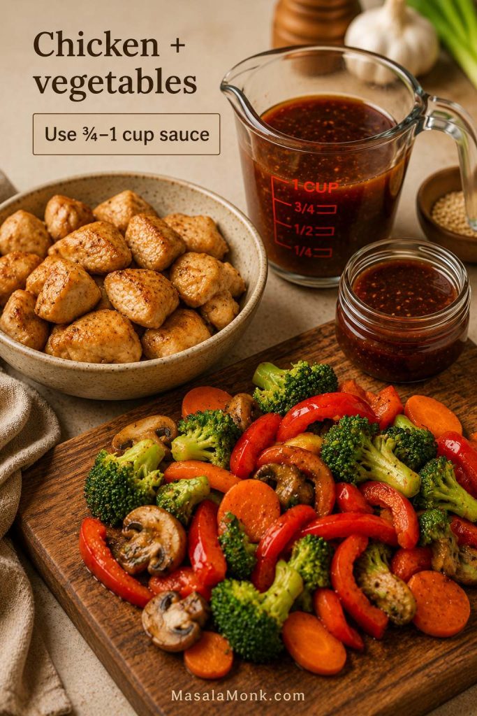 Cooked chicken pieces, mixed vegetables, and a measuring cup of brown stir fry sauce with text reading “Chicken + vegetables” and “Use ¾–1 cup sauce.”