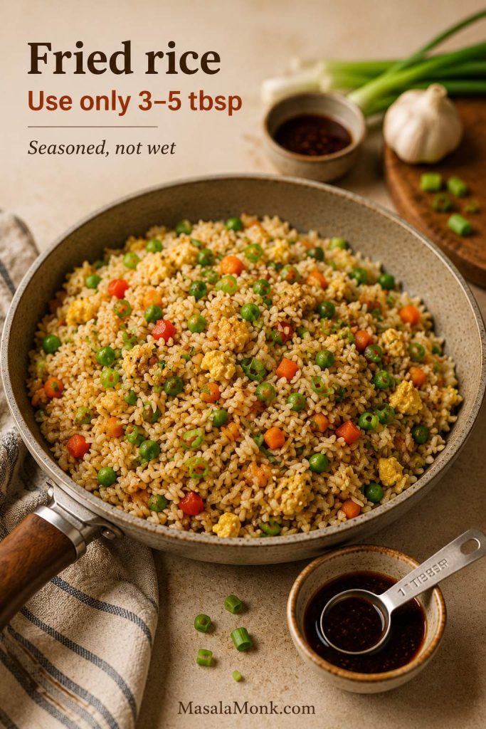 Pan of fried rice with vegetables, egg, scallions, and a tablespoon of sauce, with text reading “Fried rice,” “Use only 3–5 tbsp,” and “Seasoned, not wet.”
