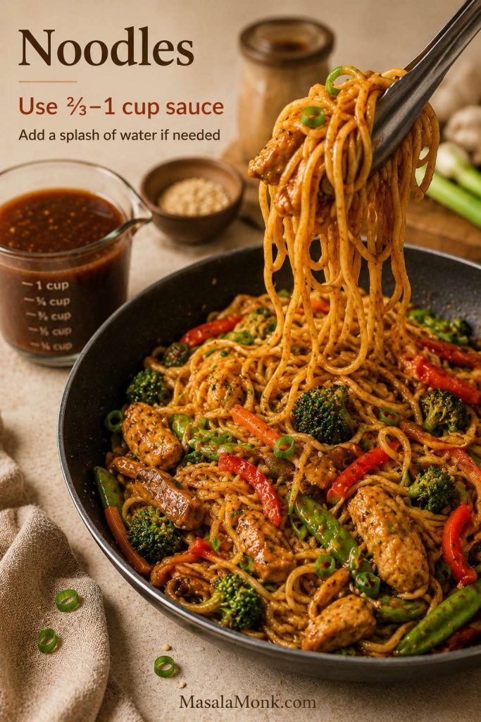 Glossy noodle stir-fry being lifted with tongs, with chicken, broccoli, peppers, and a measuring cup of sauce labeled “Noodles” and “Use ⅔–1 cup sauce.”