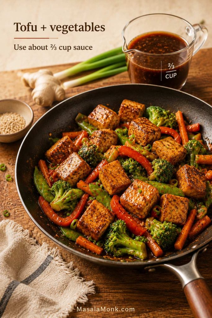 Crisp golden tofu cubes with broccoli, peppers, snap peas, carrots, and a measuring cup of sauce, with text reading “Tofu + vegetables” and “Use about ⅔ cup sauce.”
