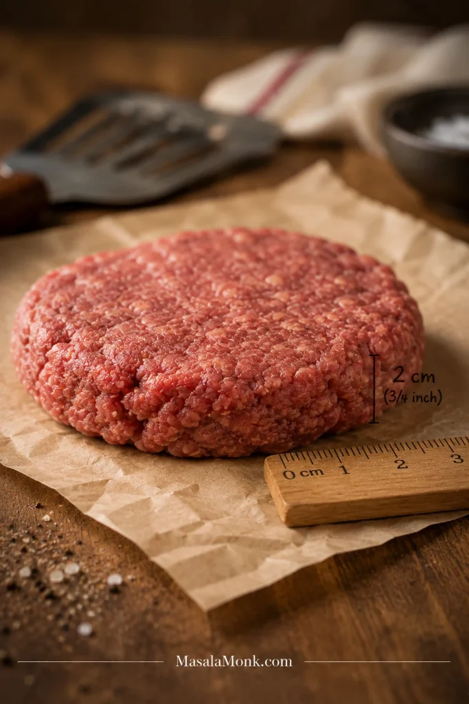 Side view of a raw burger patty on parchment paper with a ruler and a 2 cm thickness mark.