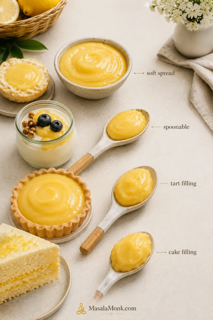 A lemon curd texture guide showing soft spread, spoonable topping, tart filling, and cake filling textures with bowls, spoons, and dessert examples.