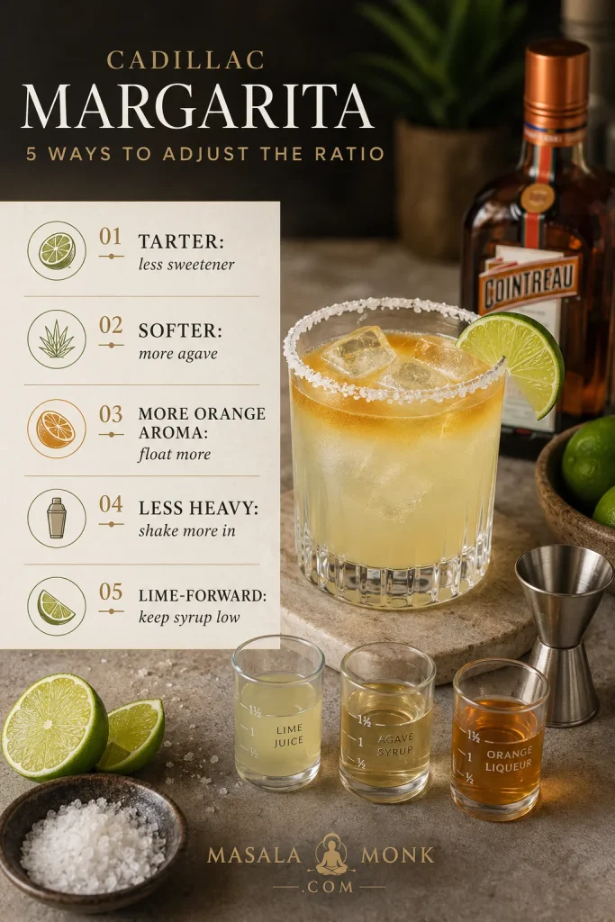 Cadillac Margarita ratio adjustment guide beside a salt-rimmed cocktail, limes, jigger, agave syrup, lime juice, and orange liqueur.