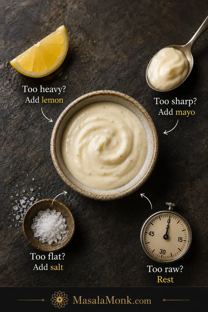 Garlic aioli adjustment guide with a bowl of aioli, lemon wedge, spoonful of mayonnaise, salt, and simple fix labels.