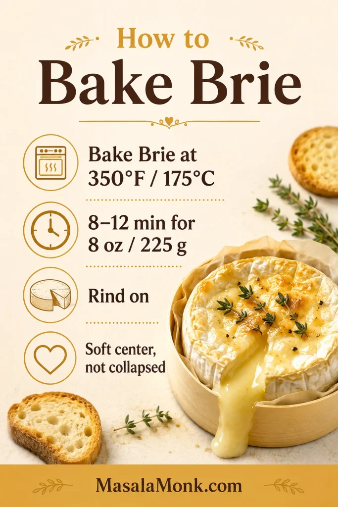 Infographic showing how to bake brie at 350°F for 8 to 12 minutes with the rind on and the center soft but not collapsed.