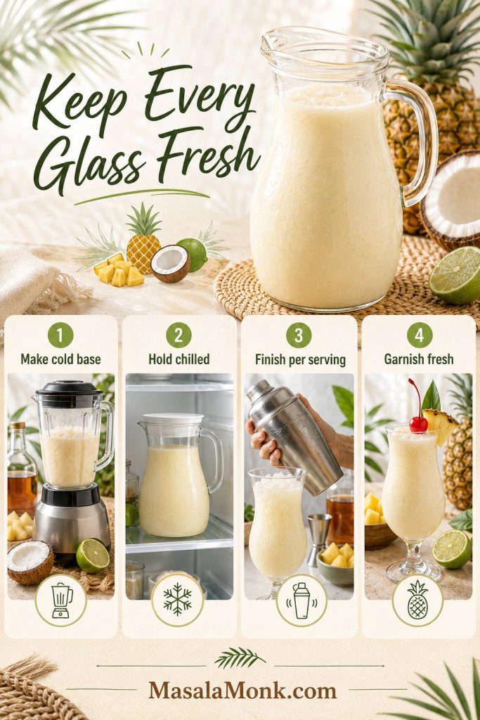 Batch pina colada guide showing make cold base, hold chilled, finish per serving, and garnish fresh steps.
