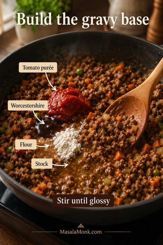 Beef mince and vegetables being stirred in a skillet with tomato purée, Worcestershire sauce, flour, and stock.