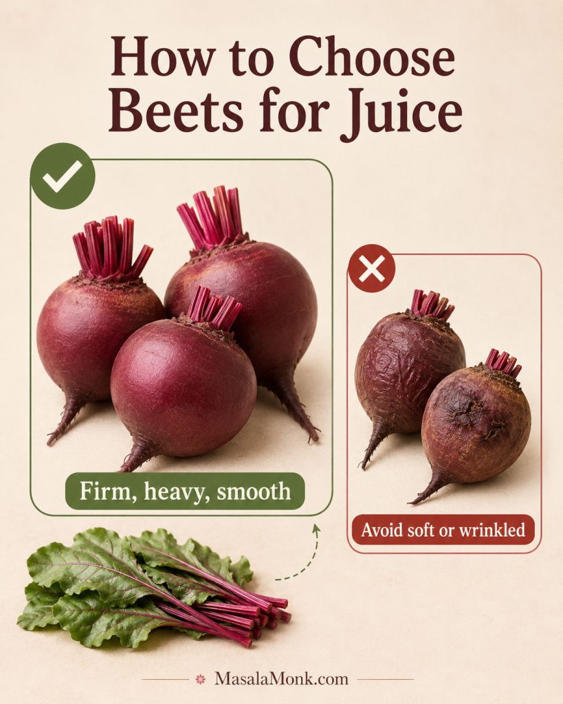 Produce guide showing firm fresh beets for juicing next to softer or wrinkled beets to avoid, with beet greens trimmed nearby.