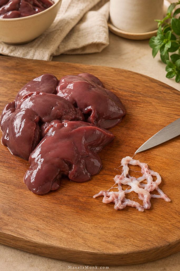 Raw chicken livers on a wooden board with white connective tissue separated beside them and a knife tip pointing toward it.